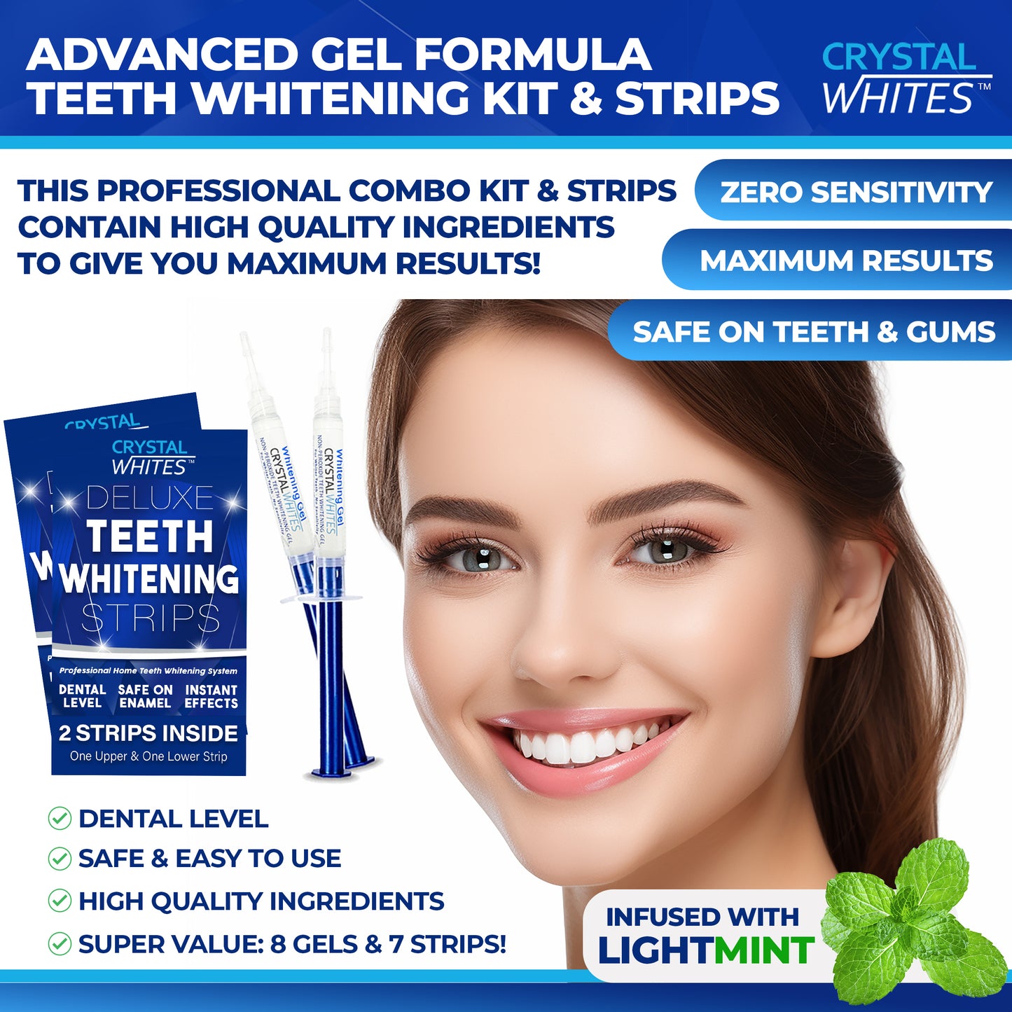 8 Gel Teeth Whitening Kit & 7 Deluxe Strips - Ultimate Kit - Crystal Whites