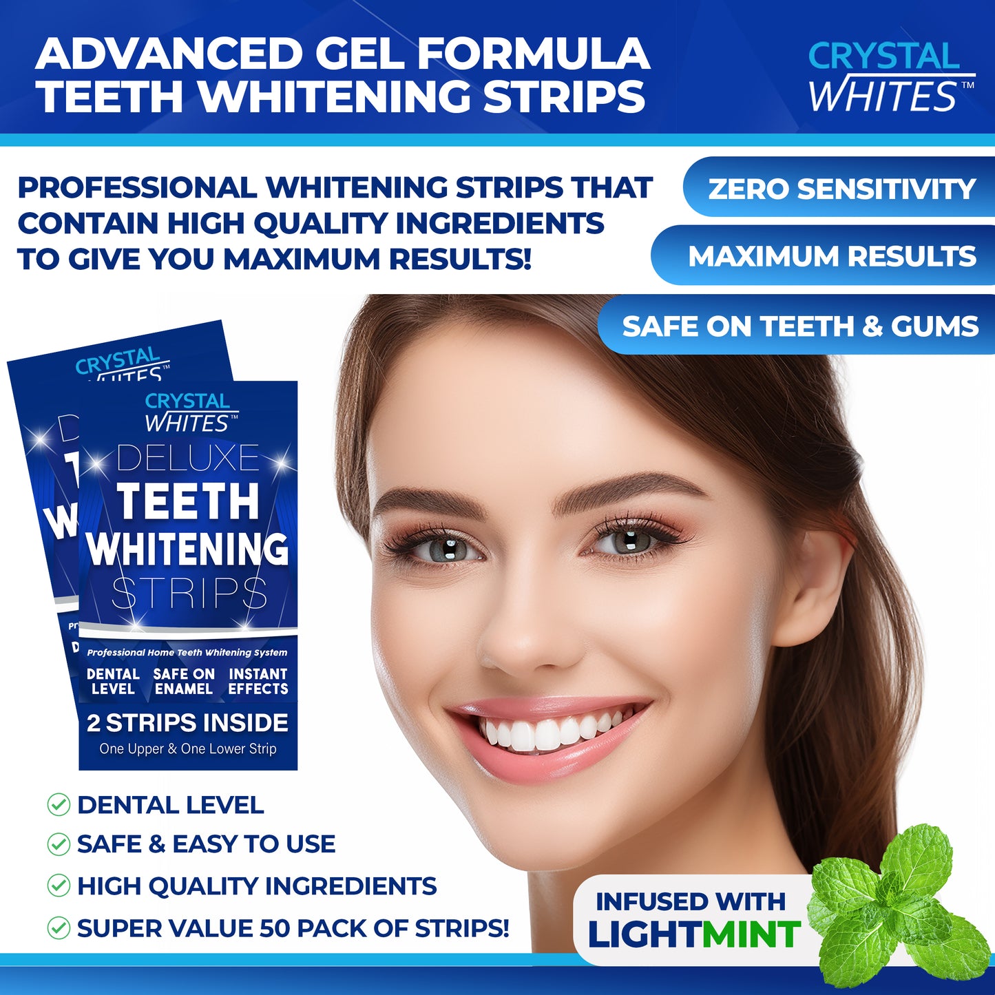 Deluxe Teeth Whitening Strips & LED Laser Light - 50 Pack - Crystal Whites