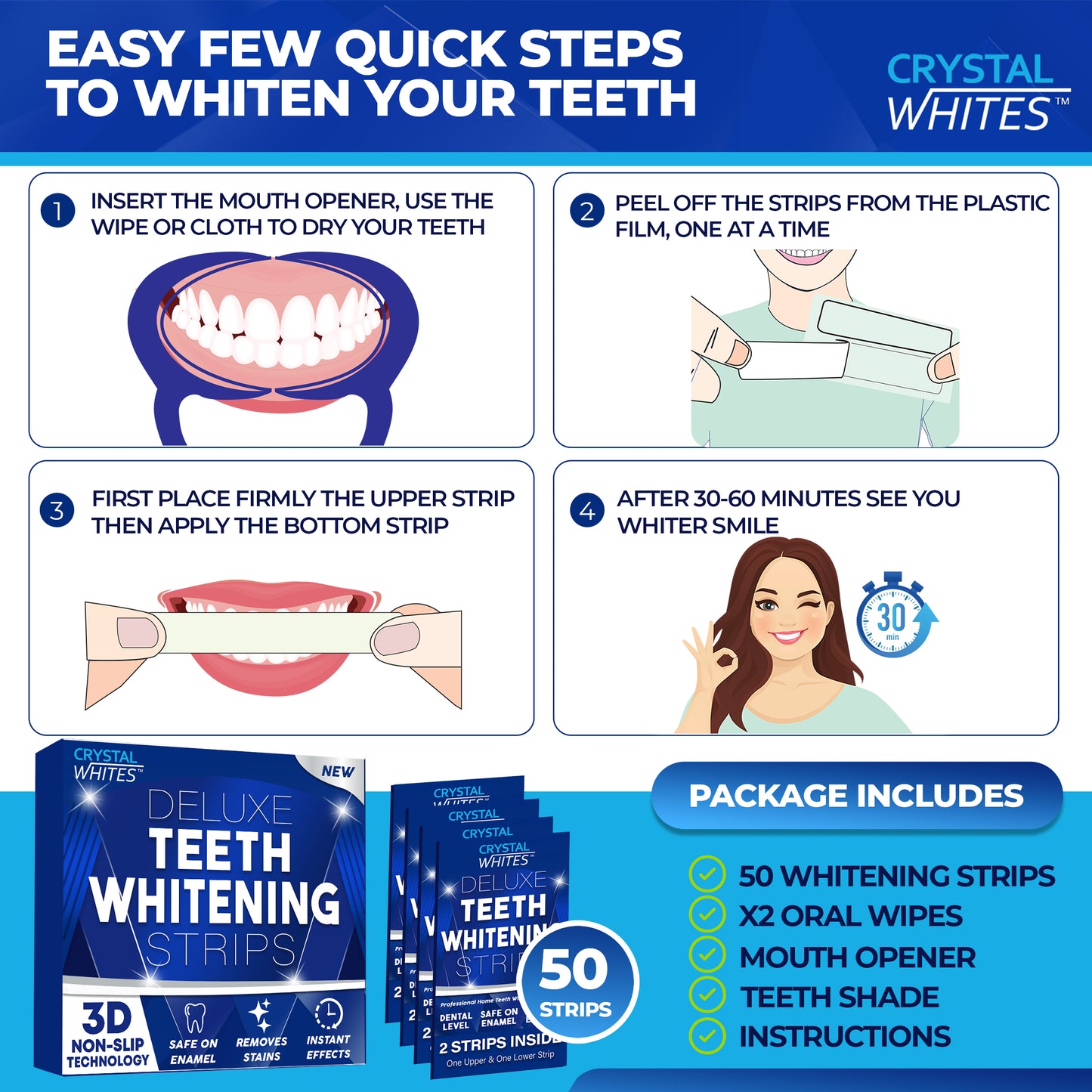 Deluxe Teeth Whitening Strips & LED Laser Light - 50 Pack - Crystal Whites