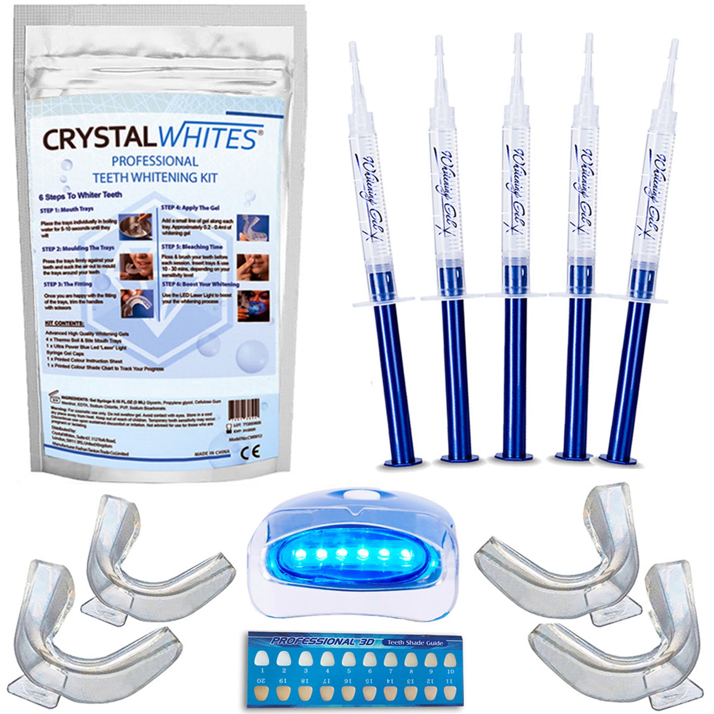 Teeth Whitening Kit With LED Light & 5 Gels - Advanced - Crystal Whites