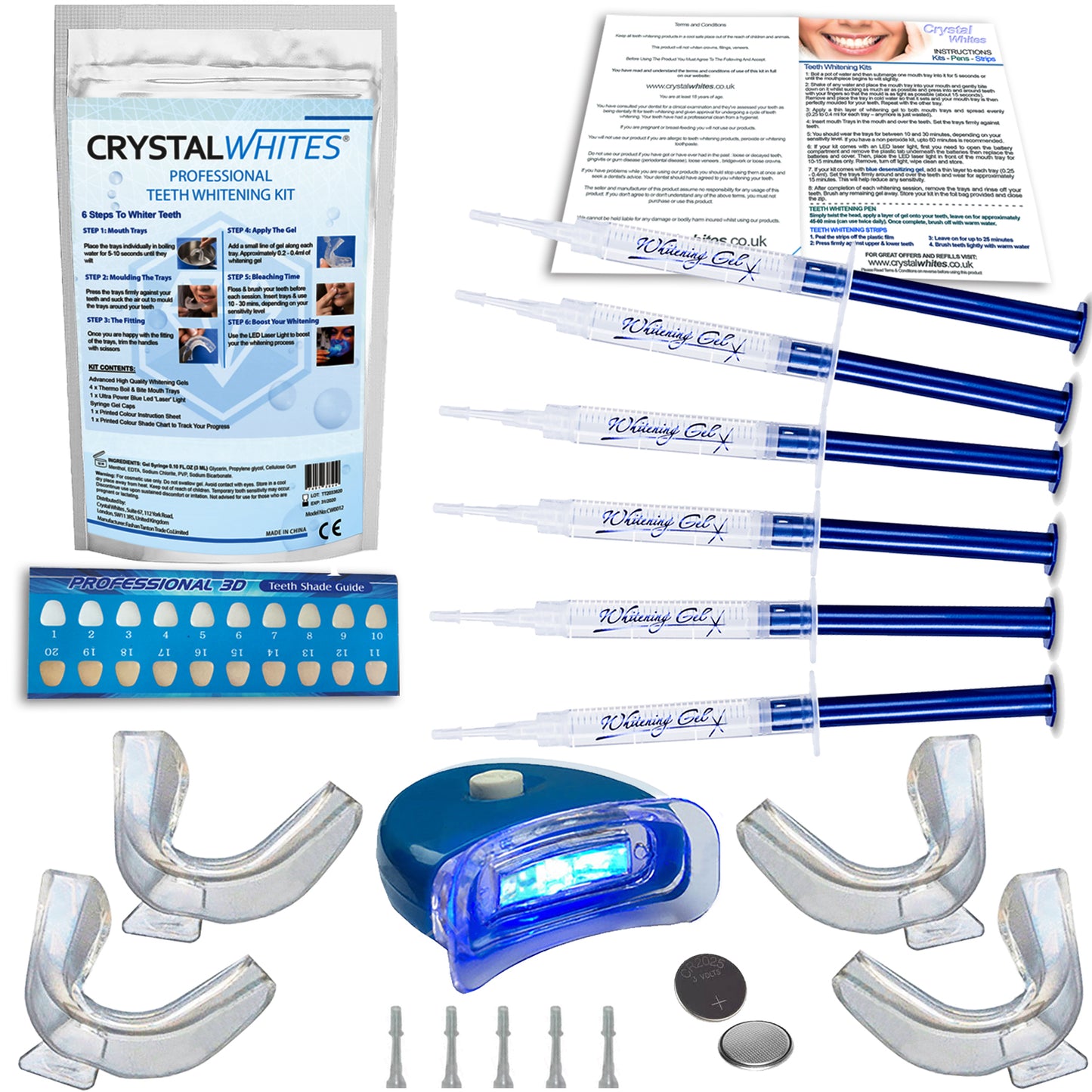 Teeth Whitening Kit With LED Light & 6 Gels - Professional - Crystal Whites