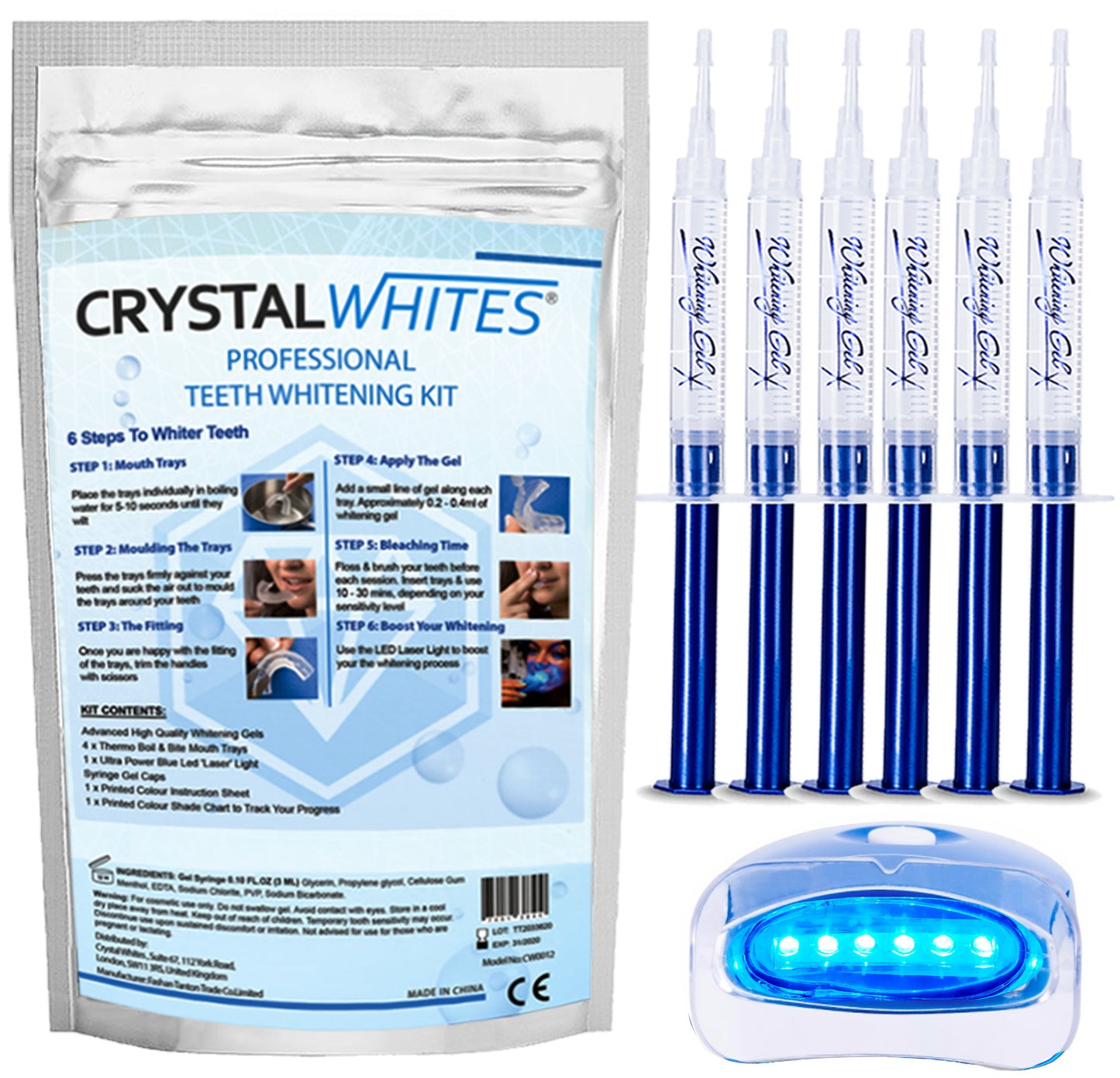 Teeth Whitening Kit With LED Light & 6 Gels - Professional - Crystal Whites