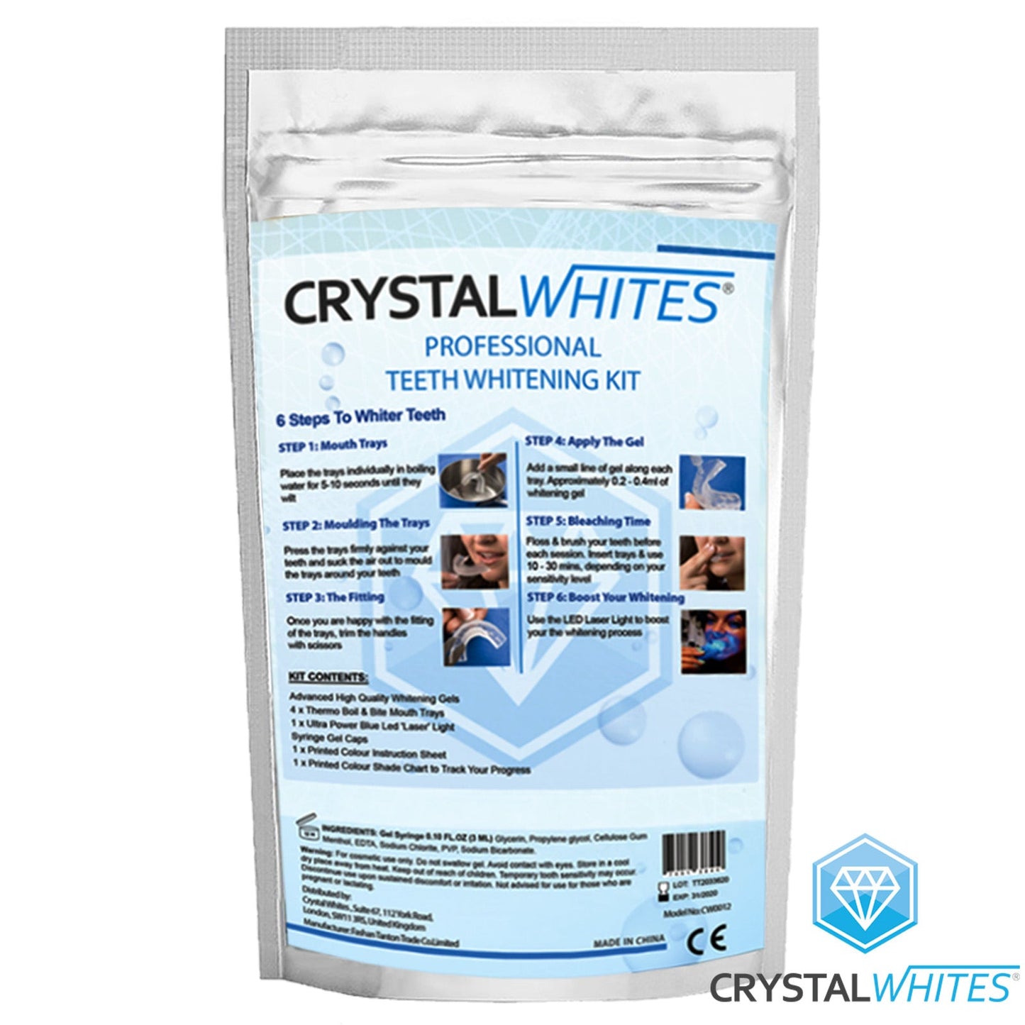 Teeth Whitening Kit With LED Light & 5 Gels - Advanced - Crystal Whites